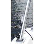 Stainless steel telescoping sun shade pole mounted in a boat rod holder