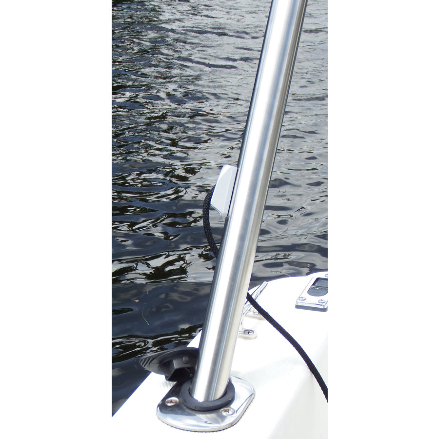 Stainless steel telescoping sun shade pole mounted in a boat rod holder
