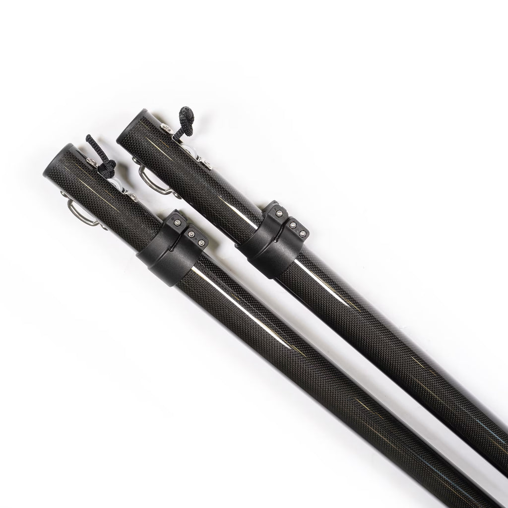 Pair of carbon fiber telescoping Sunshade poles with stainless S-hooks and locking collars, two included per shade