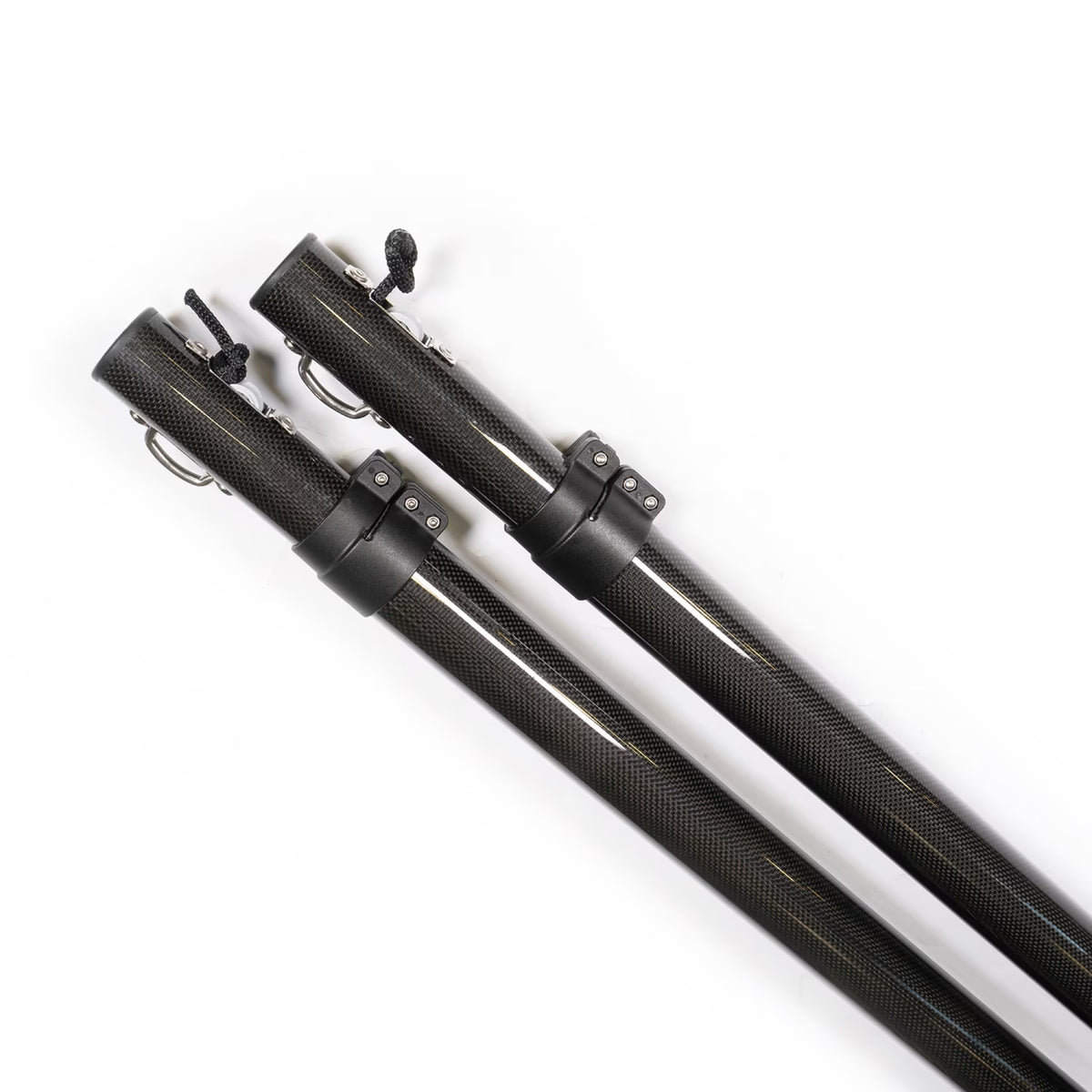 Pair of carbon fiber telescoping Sunshade poles with stainless S-hooks and locking collars, two included per shade