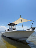 Custom bow sun shade on a Blue Wave Makaira center console, full boat view, Tallahassee North Florida