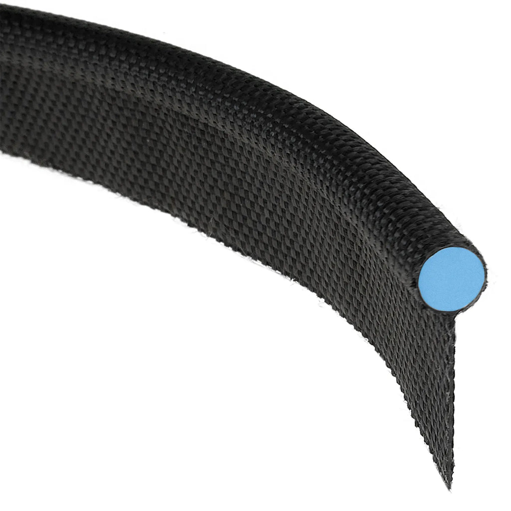 Black keder rope sewn into the leading edge of a custom Sunshade panel, shown in cross section