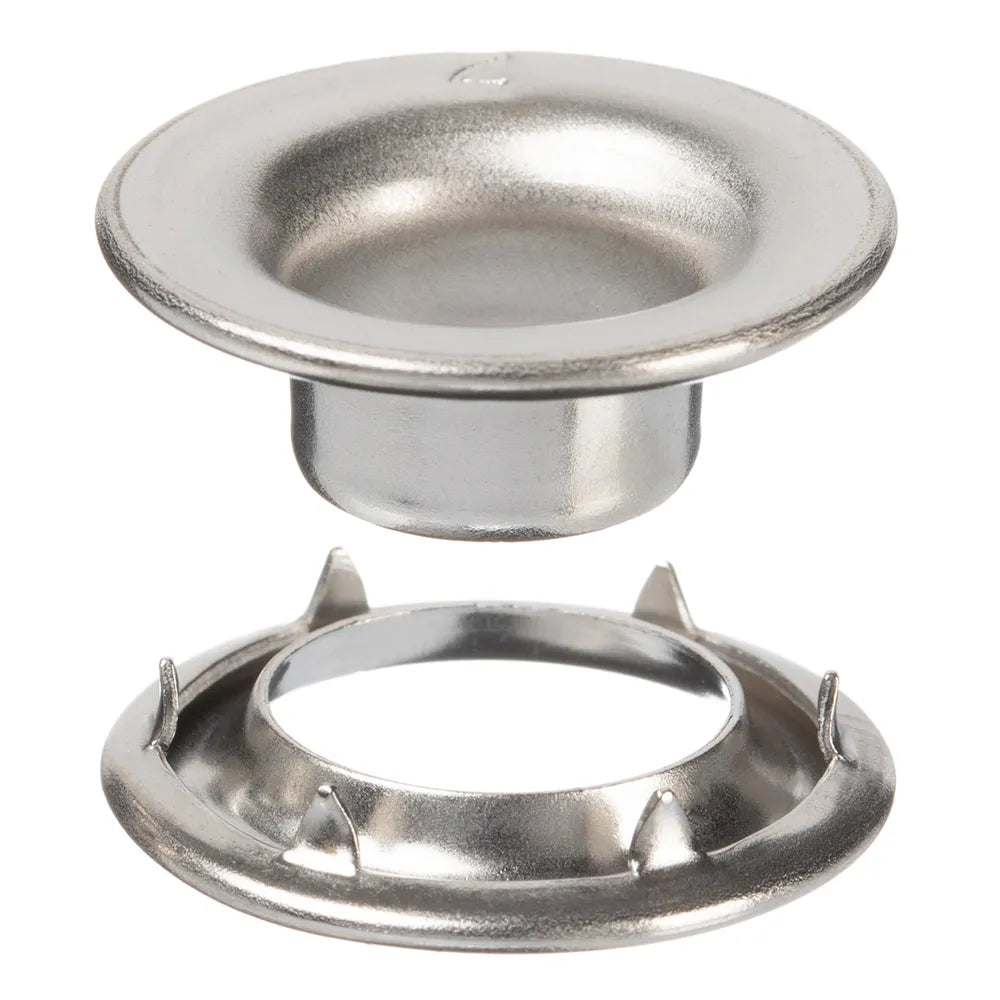 Marine-grade stainless steel rolled rim grommet and spur washer used at Sunshade corners