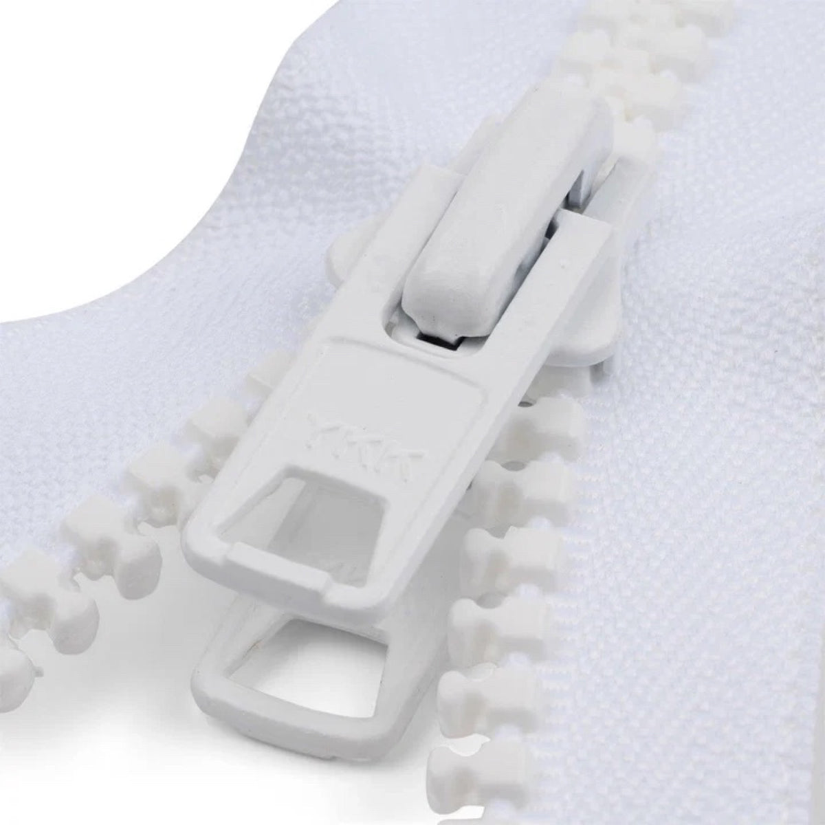 White YKK double-pull zipper used on custom Sunshade panels and storage bags