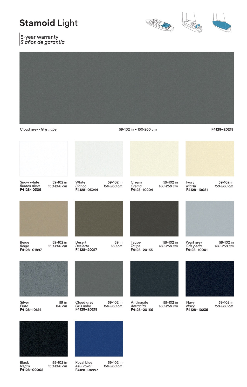 Stamoid marine fabric color options for custom Sunshades: Snow White, White, Cream, Ivory, Beige, Desert, Taupe, Pearl Grey, Silver, Cloud Grey, Anthracite, Navy, Black and Royal Blue