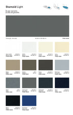 Stamoid marine fabric color options for custom Sunshades: Snow White, White, Cream, Ivory, Beige, Desert, Taupe, Pearl Grey, Silver, Cloud Grey, Anthracite, Navy, Black and Royal Blue