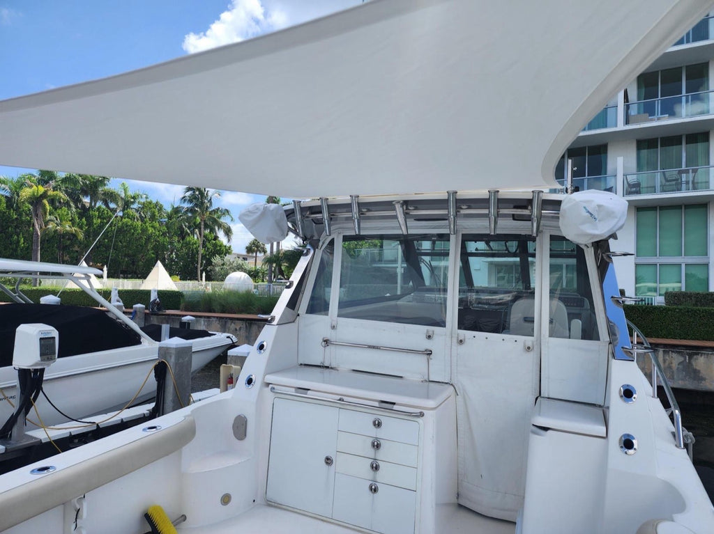 Underside of a 3D-tensioned marine sun shade showing the drum-tight fit